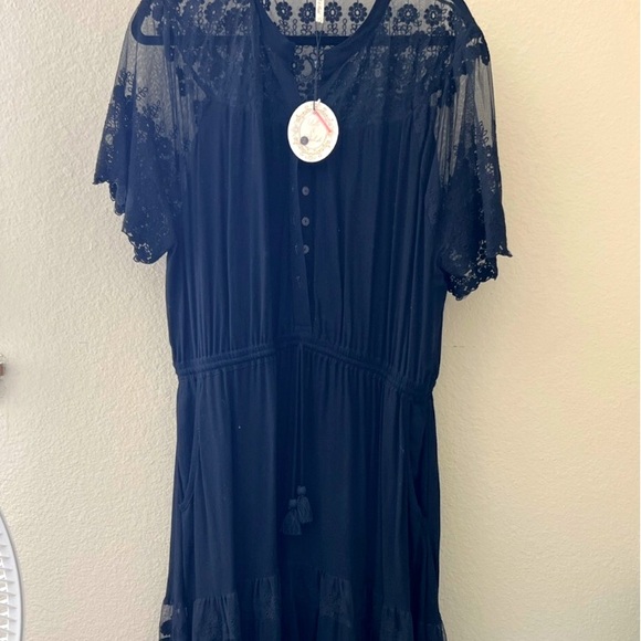 NWT TULLE & BATISTE midi black lace dress XL Sz 14-16 cinch waist v-neck - Picture 2 of 9